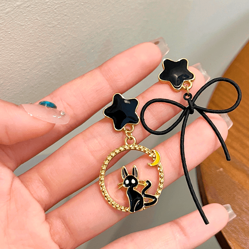 Halloween 14K Gold-Plated Star Bow Cat Earrings