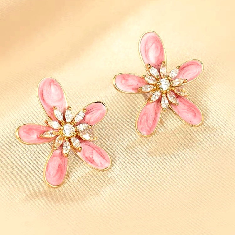 14K Gold-Plated Pink Hand-Painted Flower Earrings