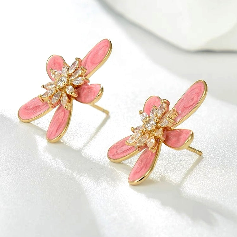14K Gold-Plated Pink Hand-Painted Flower Earrings