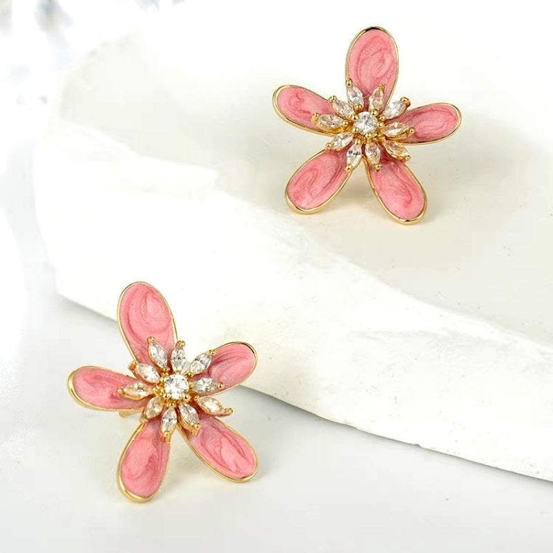 14K Gold-Plated Pink Hand-Painted Flower Earrings