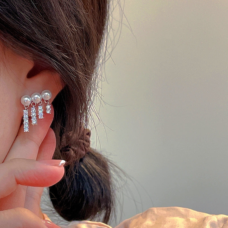 Silver Post Artificial Pearl Zircon Earrings