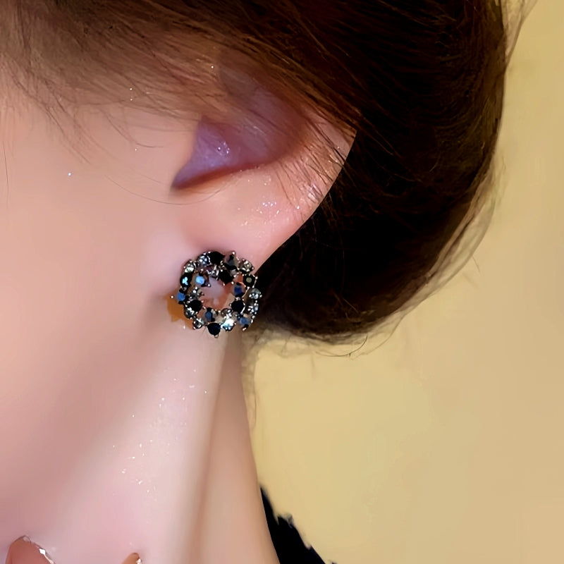 Silver Post Black Diamond Hoop Earrings