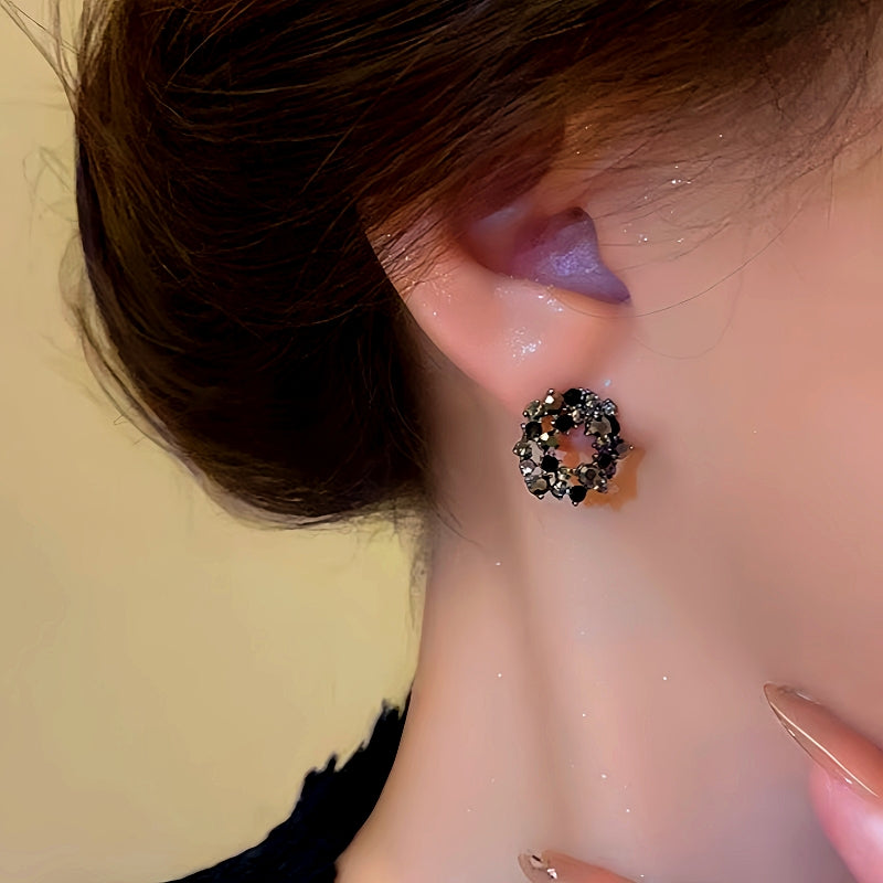 Silver Post Black Diamond Hoop Earrings