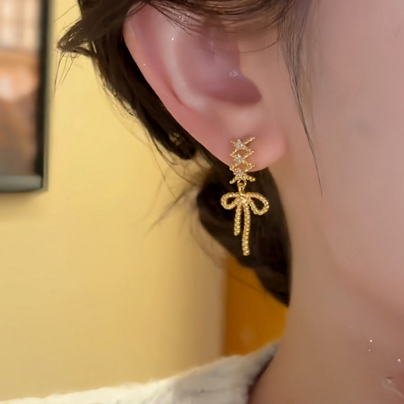 Silver Post Bow Heart Cross Asymmetrical Earrings