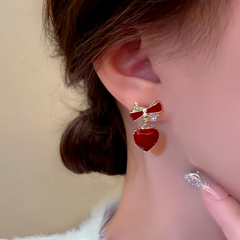 Silver Post Bow Heart Earrings