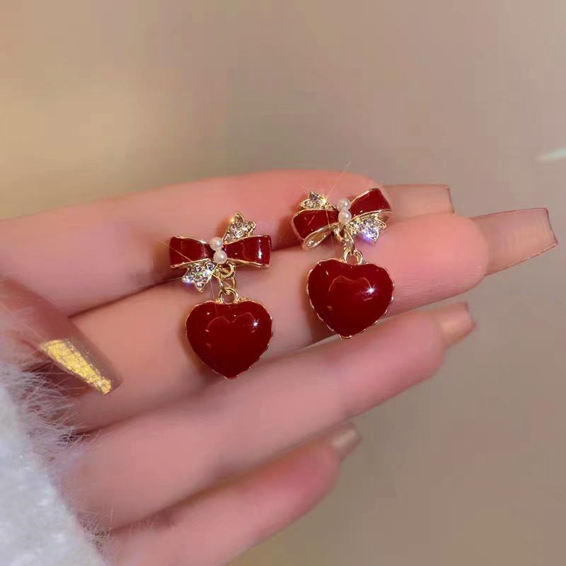 Silver Post Bow Heart Earrings