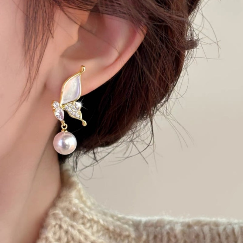 Silver Post Butterfly Pearl Earrings