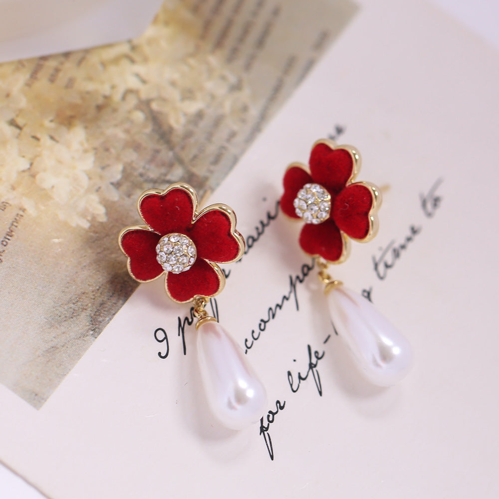 Silver Post Color Flocked Four-Leaf Flower Artificial PearlvEarrings