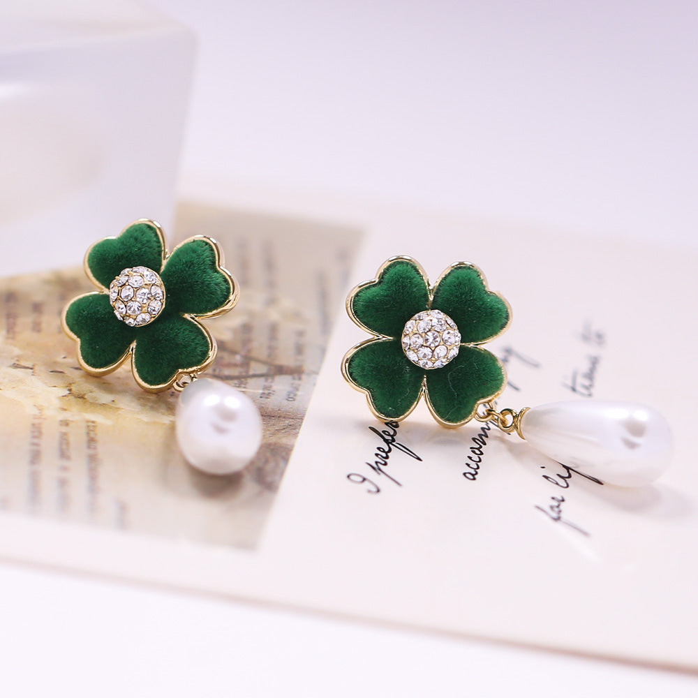 Silver Post Color Flocked Four-Leaf Flower Artificial PearlvEarrings
