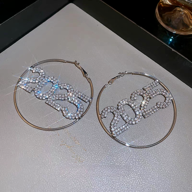 Silver Post Diamond 2025 New Year Hoop Earrings