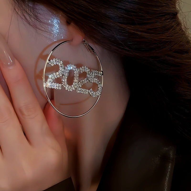 Silver Post Diamond 2025 New Year Hoop Earrings
