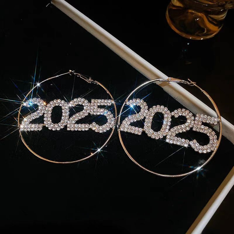 Silver Post Diamond 2025 New Year Hoop Earrings