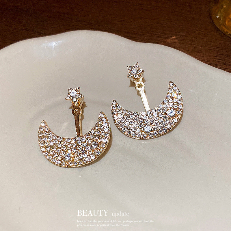 Silver Post Diamond Star Moon Earrings