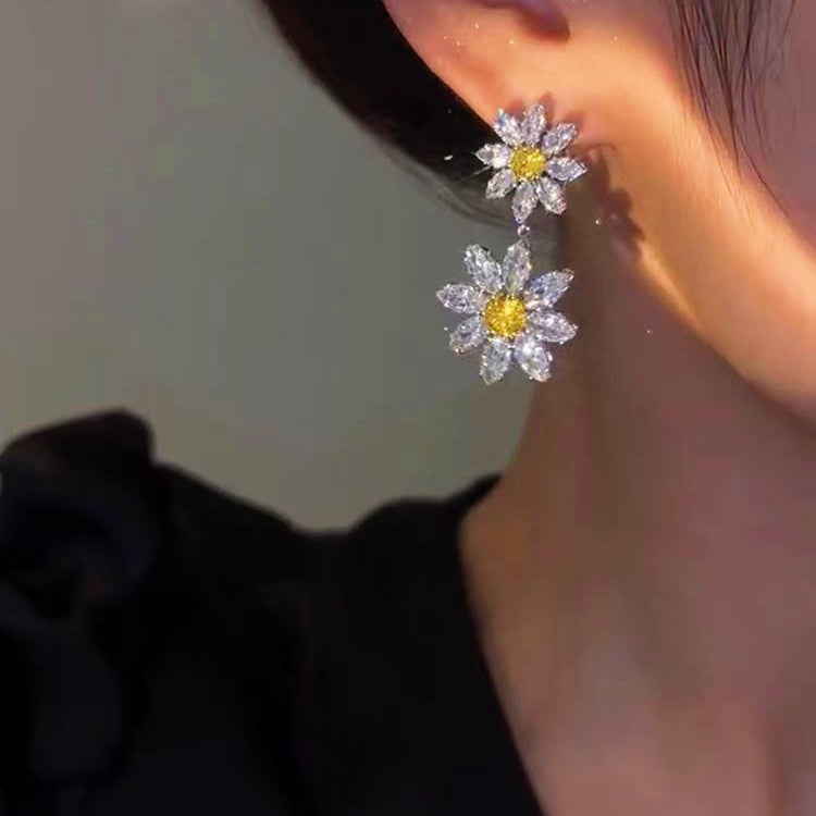 Silver Post Glitter Diamond Flower Earrings