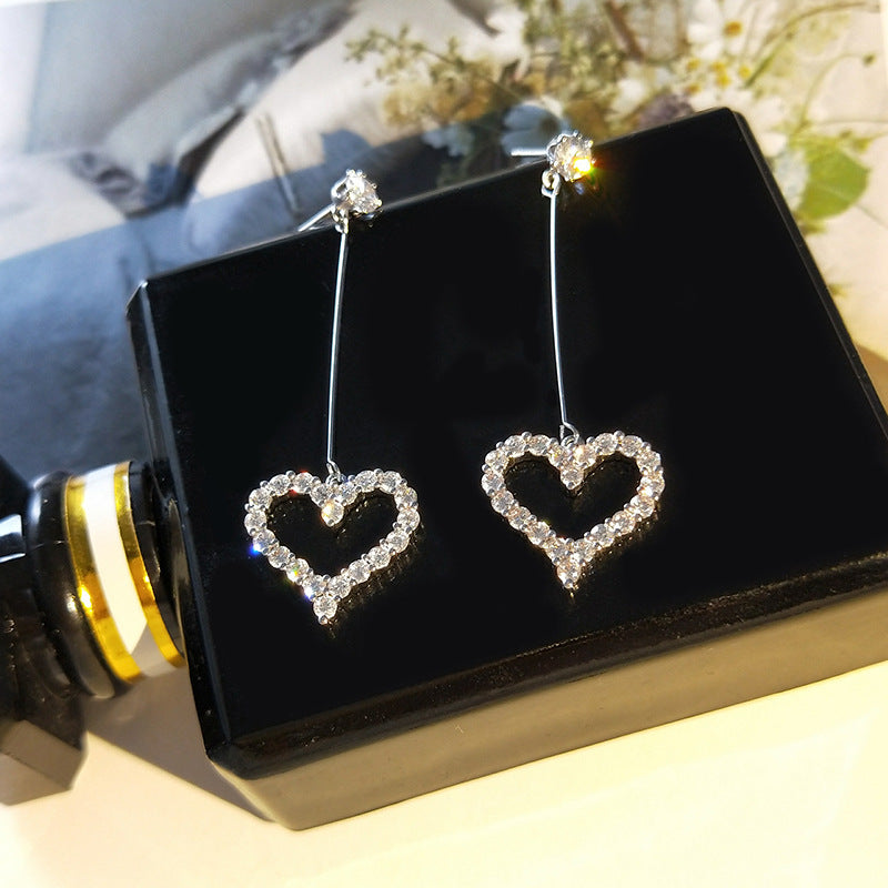 Silver Post Hollow Zircon bling Heart Earrings