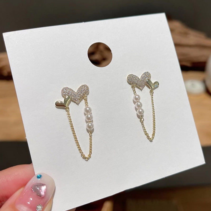 Silver Post Love Pearl Chain Earrings