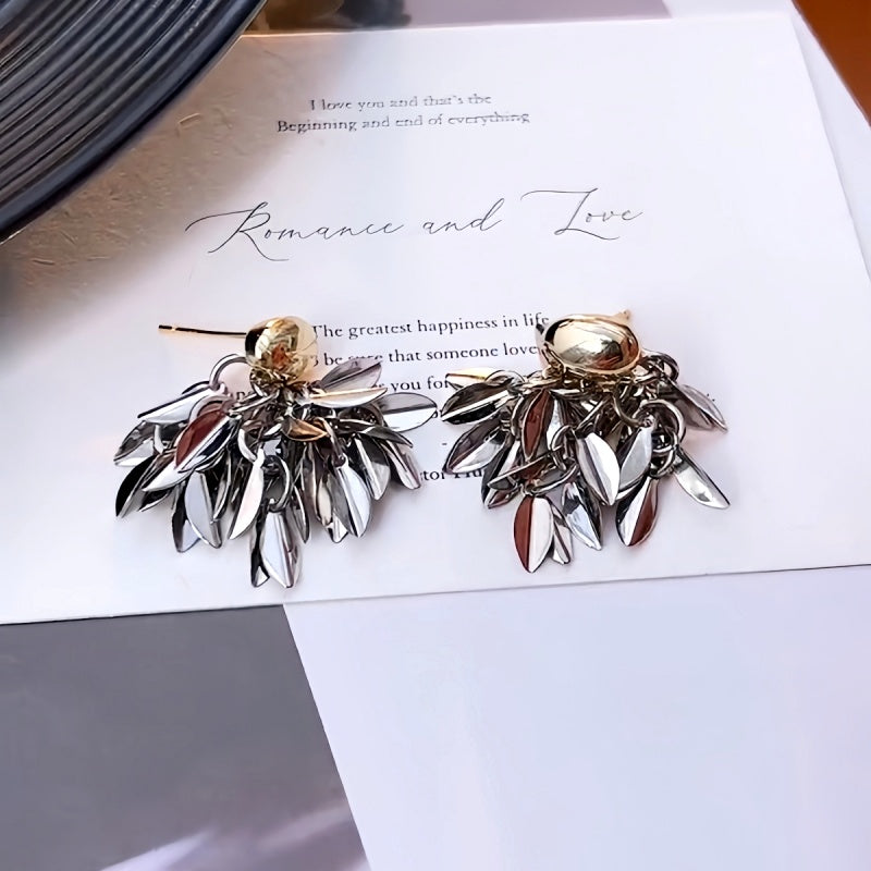 Silver Post Leaf Tassel Earrings