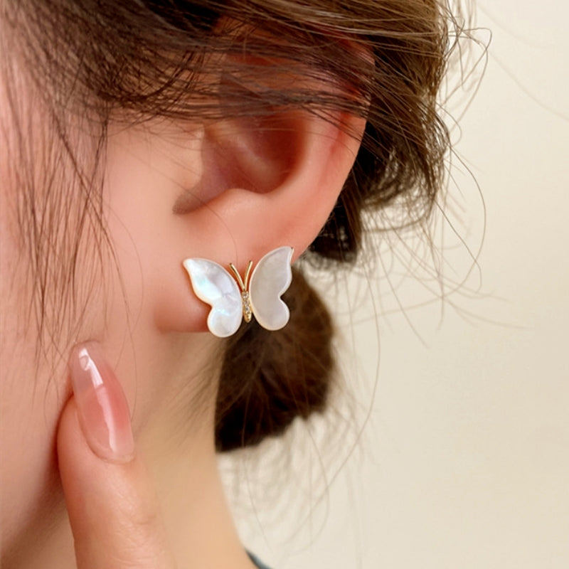 Silver Post Micro-Inlaid Mother-Of-Pearl Butterfly Stud Earrings
