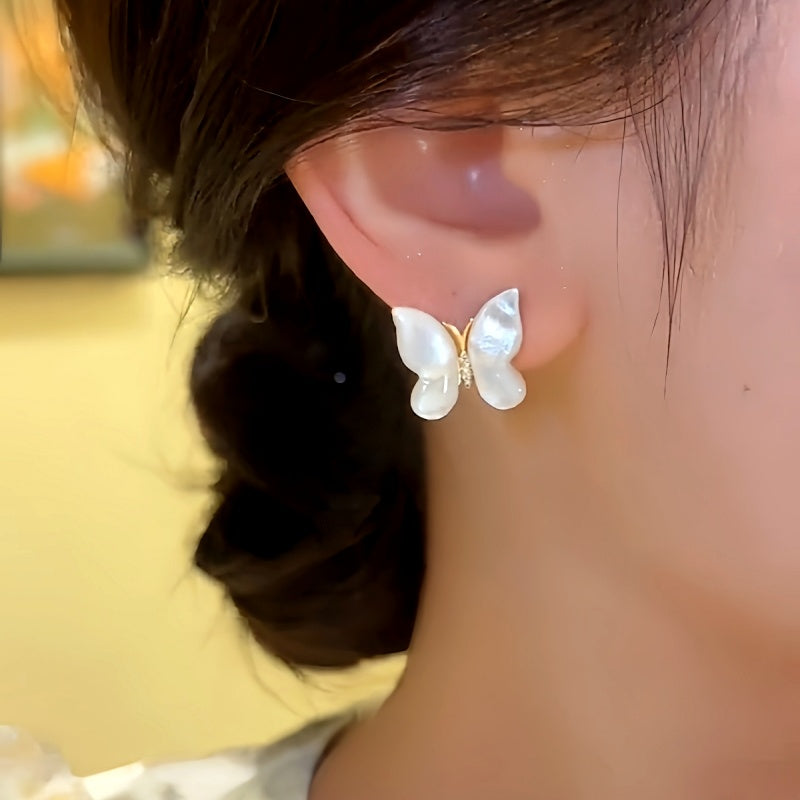 Silver Post Micro-Inlaid Mother-Of-Pearl Butterfly Stud Earrings