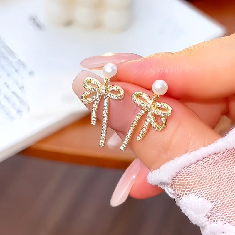 Silver Post Micro-Inlaid Pearl Bow Earrings