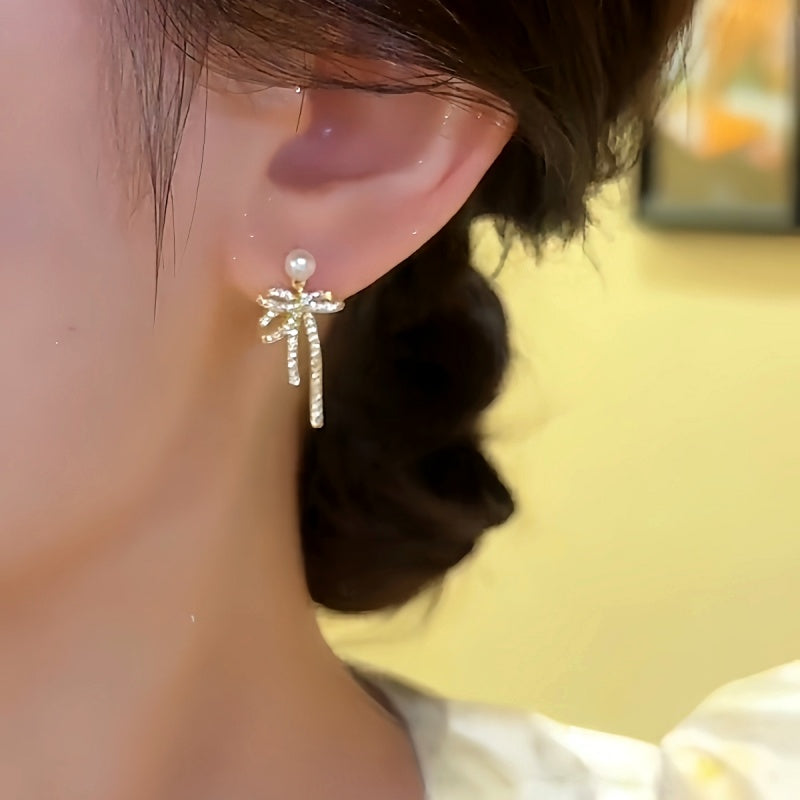 Silver Post Micro-Inlaid Pearl Bow Earrings