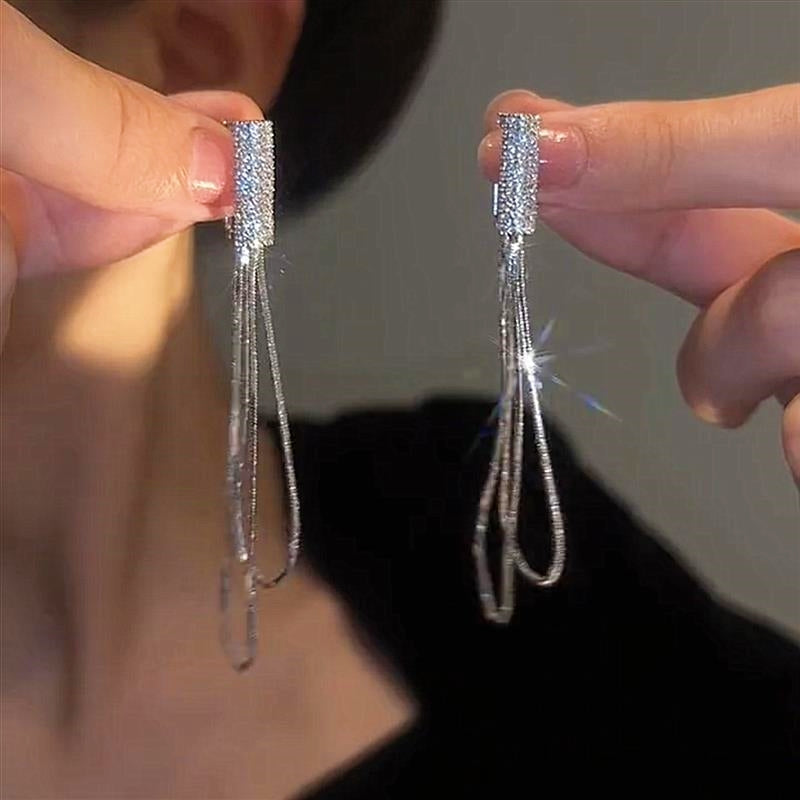 Silver Post Micropaved Silver Chain Earrings