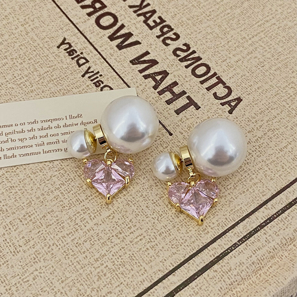 Silver Post Micropaved Zircon Heart Artificial Pearl Earrings
