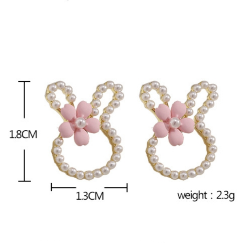 Silver Post Pearl Flower Rabbit Stud Earrings