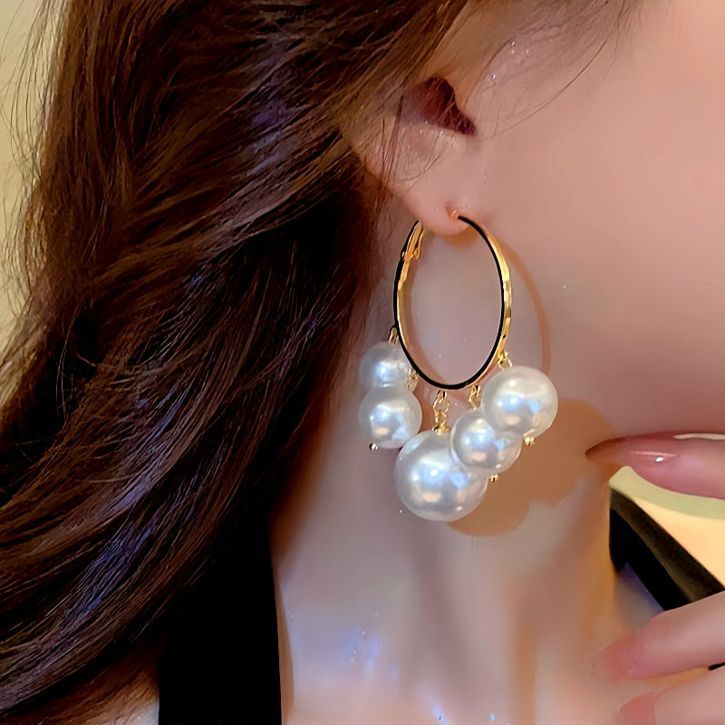 Silver Post Pearl Tassel Hoop Earrings