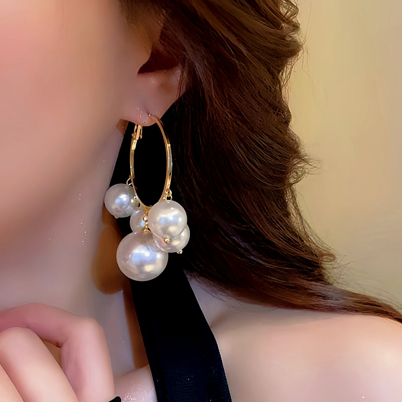 Silver Post Pearl Tassel Hoop Earrings