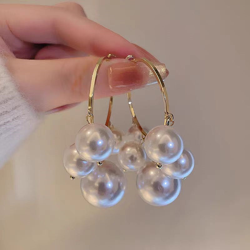 Silver Post Pearl Tassel Hoop Earrings