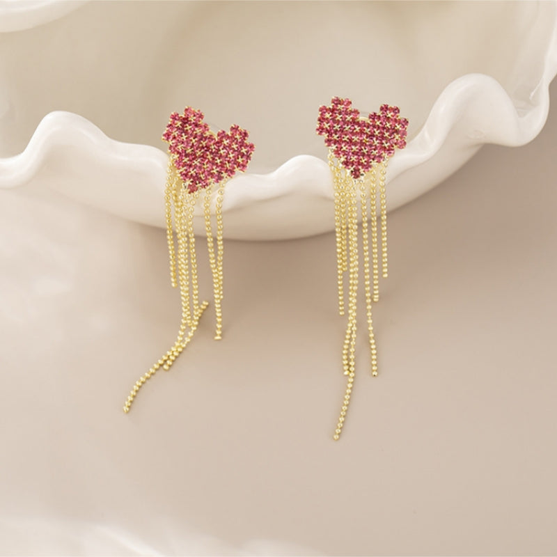 Silver Post Pink Rhinestone Heart Earrings