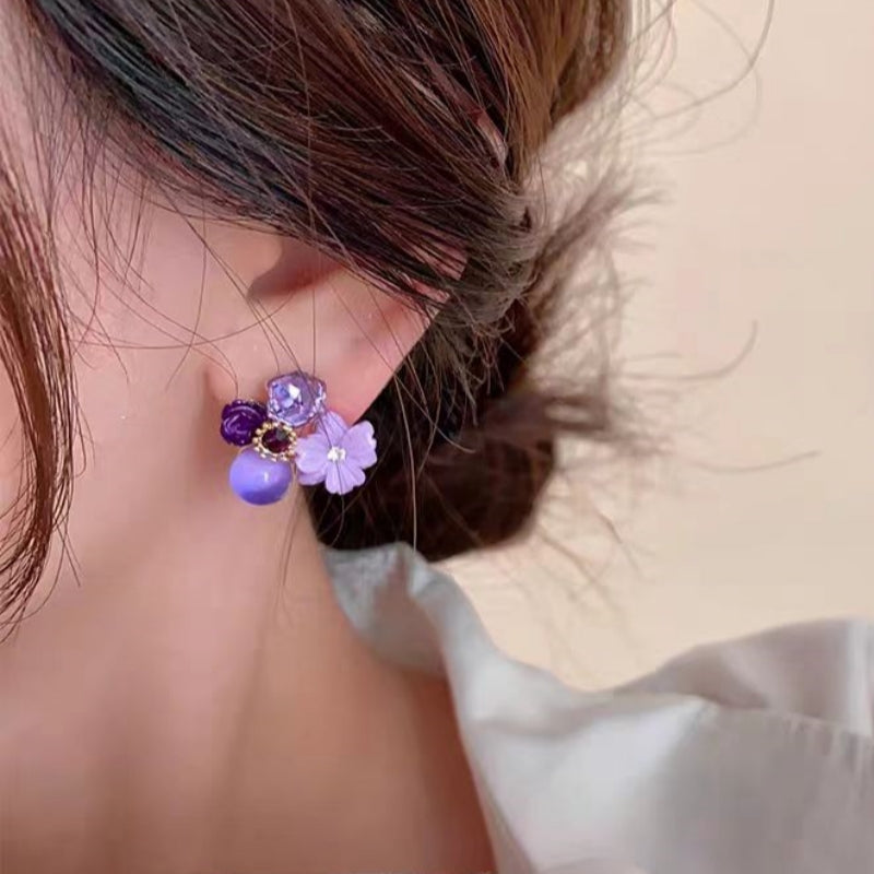 Silver Post Purple Crystal Small Flower Stud Earrings
