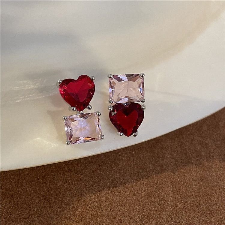 Silver Post Red Heart Stud Earrings