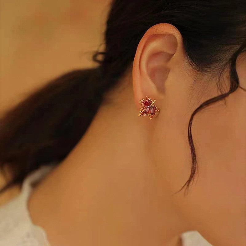 Silver Post Red Maple Leaf Stud Earrings