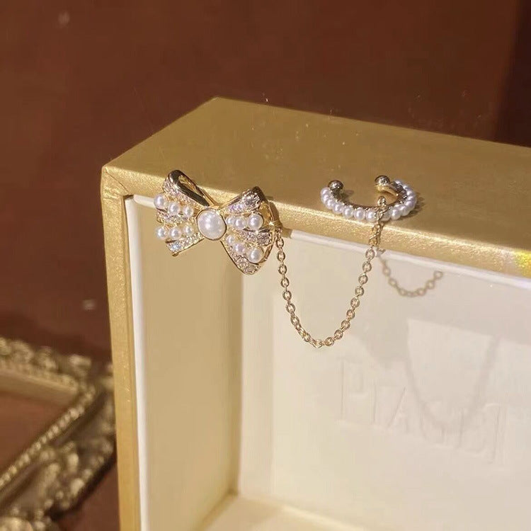 Silver Post Zircon Butterfly Pearl Cuff Earrings