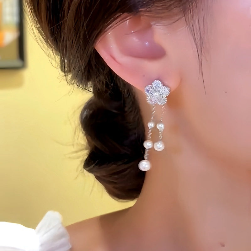 Silver Post Zircon Flower Pearl Tassel Earrings