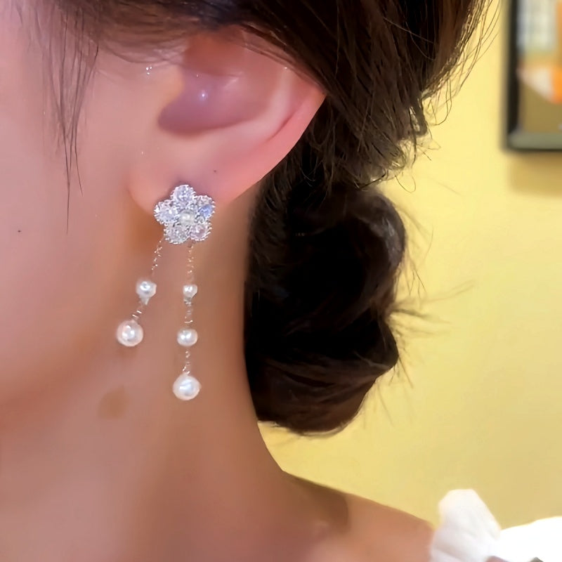 Silver Post Zircon Flower Pearl Tassel Earrings