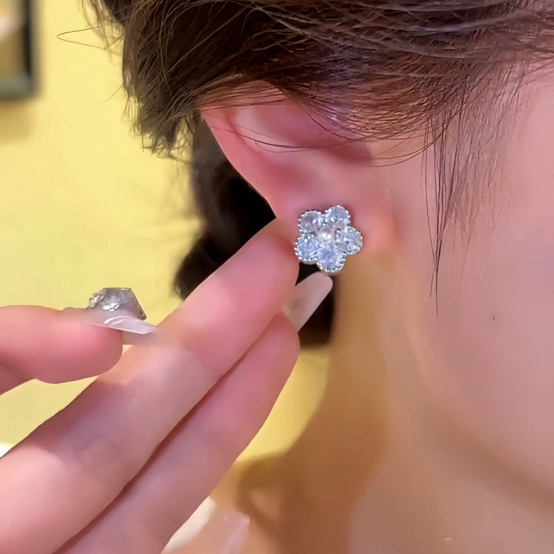 Silver Post Zircon Flower Pearl Tassel Earrings