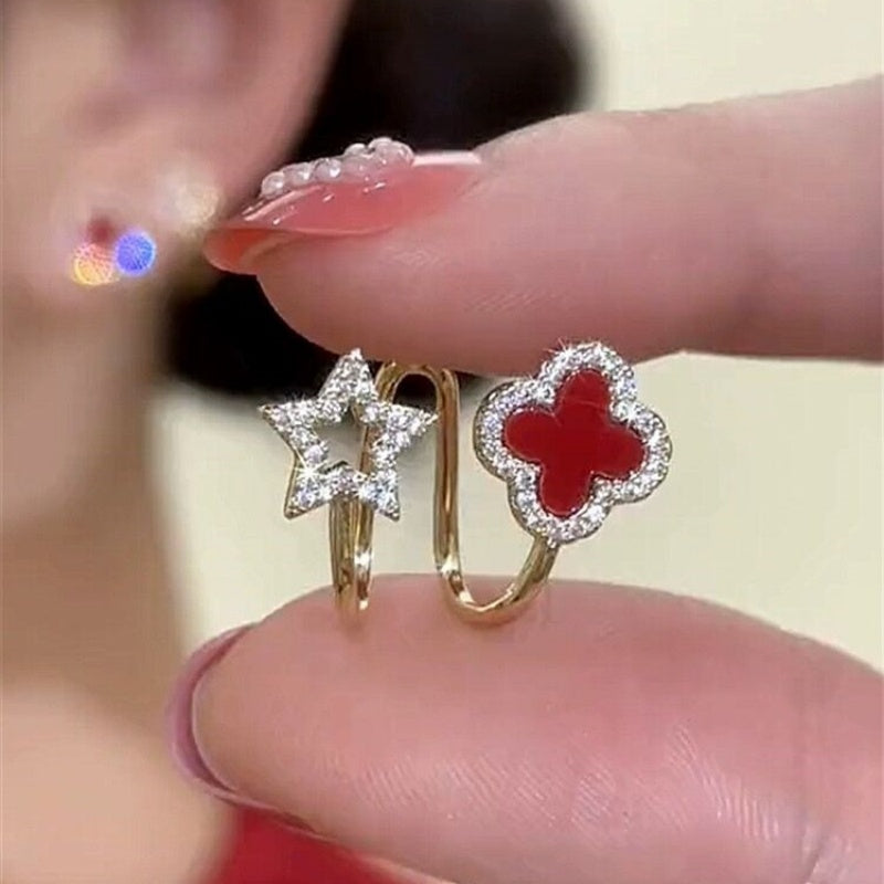 Silver Post Zircon Flower Pentagram Earrings