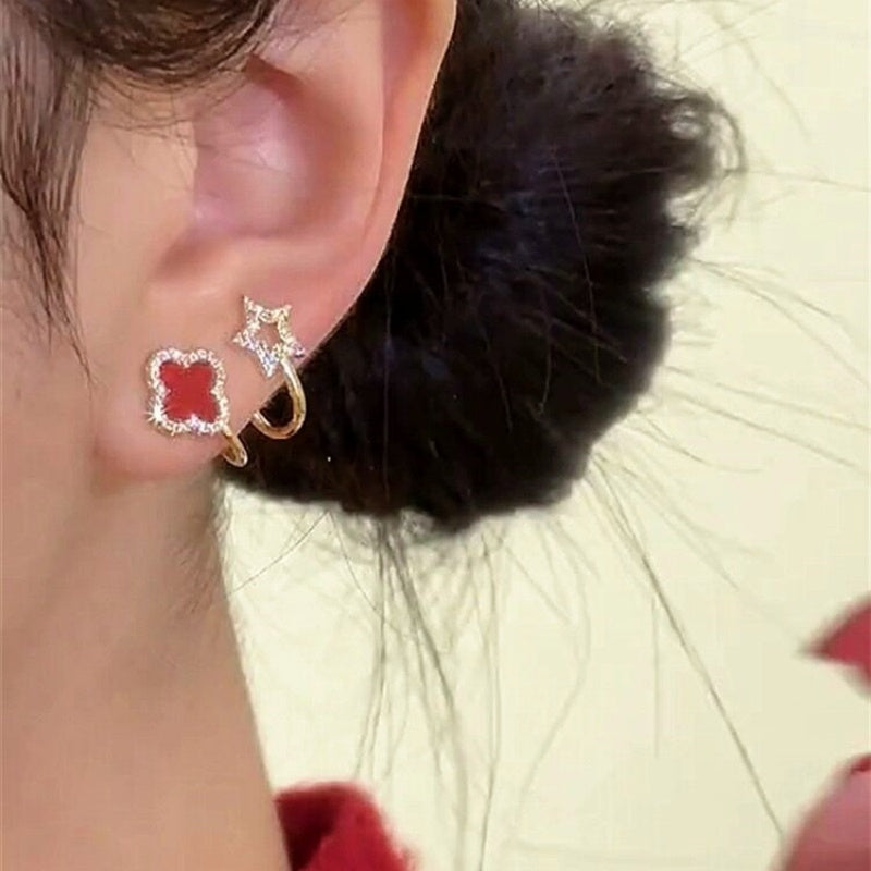 Silver Post Zircon Flower Pentagram Earrings