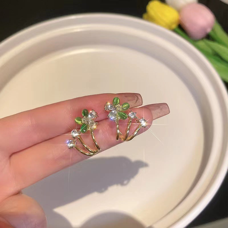Silver Post Zircon Green Flower Earrings