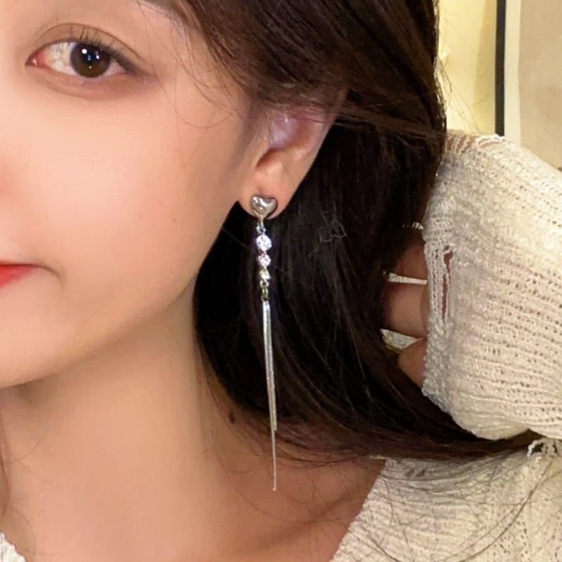Silver Post Zircon Heart Drop Earrings