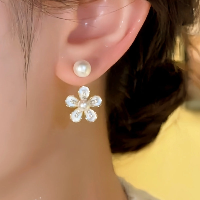 Silver Post Zircon Pearl Flower Earrings