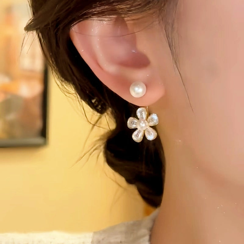 Silver Post Zircon Pearl Flower Earrings