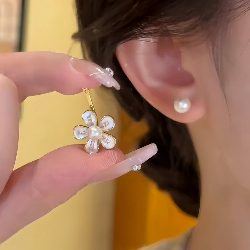 Silver Post Zircon Pearl Flower Earrings