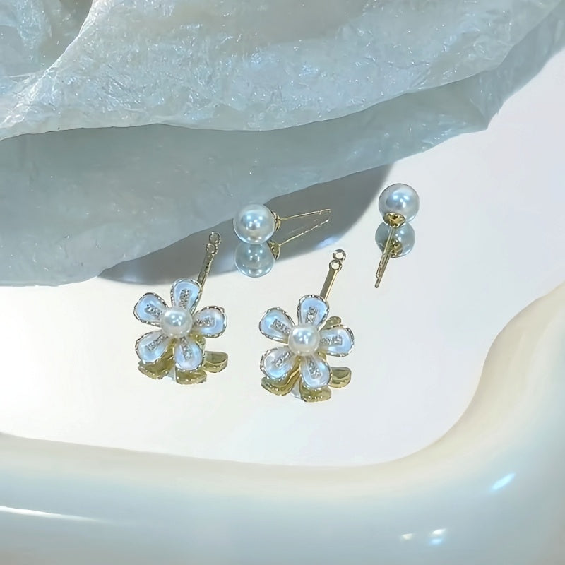 Silver Post Zircon Pearl Flower Earrings
