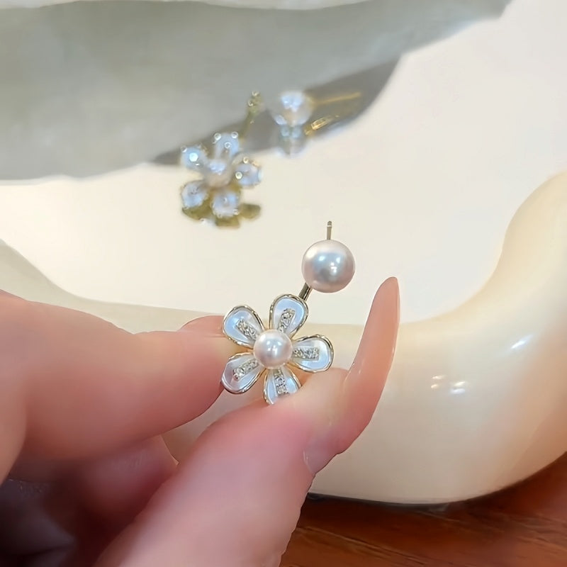 Silver Post Zircon Pearl Flower Earrings