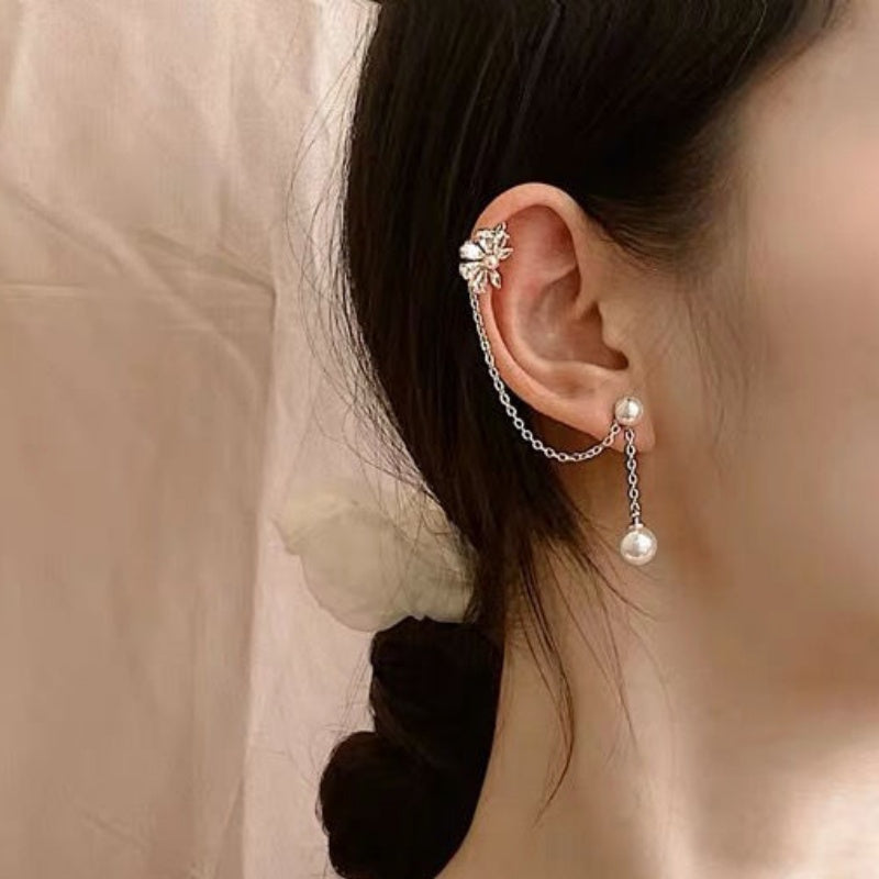 Silver Post Zircon Petal Ear Cuff Earrings