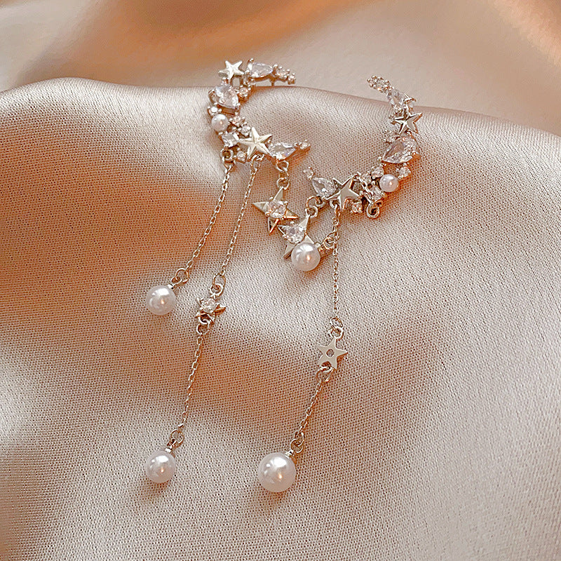 Silver Post Zircon Star Moon Pearl Earrings